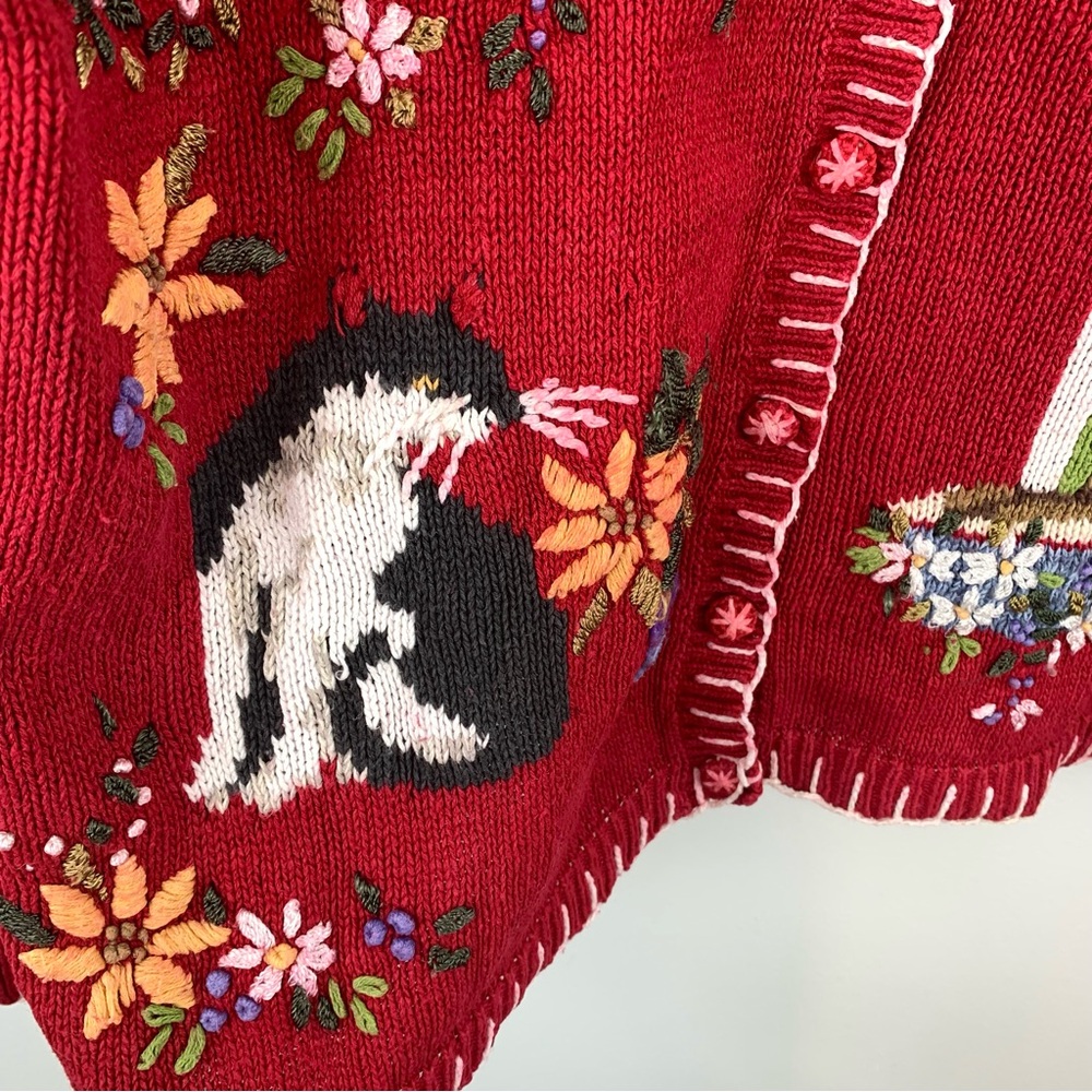Vintage Knit Red Cat Sweater Size Large Button Front Cardigan - Picture 7 of 16